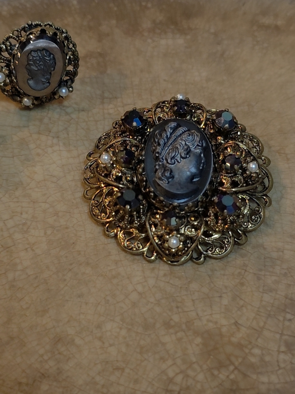 West Germany Cameo Filigree Brooch Earrings set, black glass, 1960s demi parure